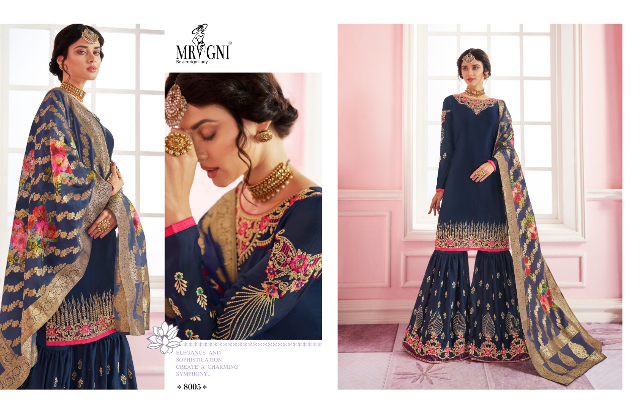 Sarara By Mrigni 8001 To 8006 Series Designer Festive Sarara Suits Collection Beautiful Stylish Fancy Colorful Party Wear & Occasional Wear Satin Georgette Dresses At Wholesale Price