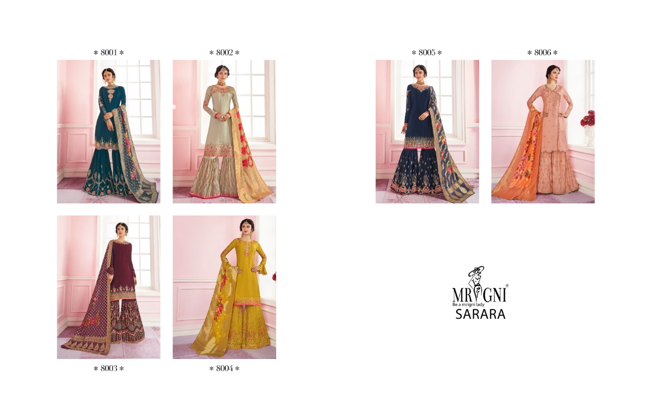 Sarara By Mrigni 8001 To 8006 Series Designer Festive Sarara Suits Collection Beautiful Stylish Fancy Colorful Party Wear & Occasional Wear Satin Georgette Dresses At Wholesale Price