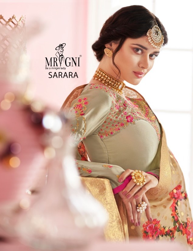 Sarara By Mrigni 8001 To 8006 Series Designer Festive Sarara Suits Collection Beautiful Stylish Fancy Colorful Party Wear & Occasional Wear Satin Georgette Dresses At Wholesale Price