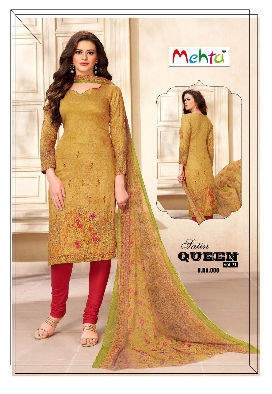 Satin Queen Vol-21 By Mehta 001 To 010 Series Beautiful Suits Stylish Fancy Colorful Casual Wear & Ethnic Wear Satin Cotton Printed Dresses At Wholesale Price