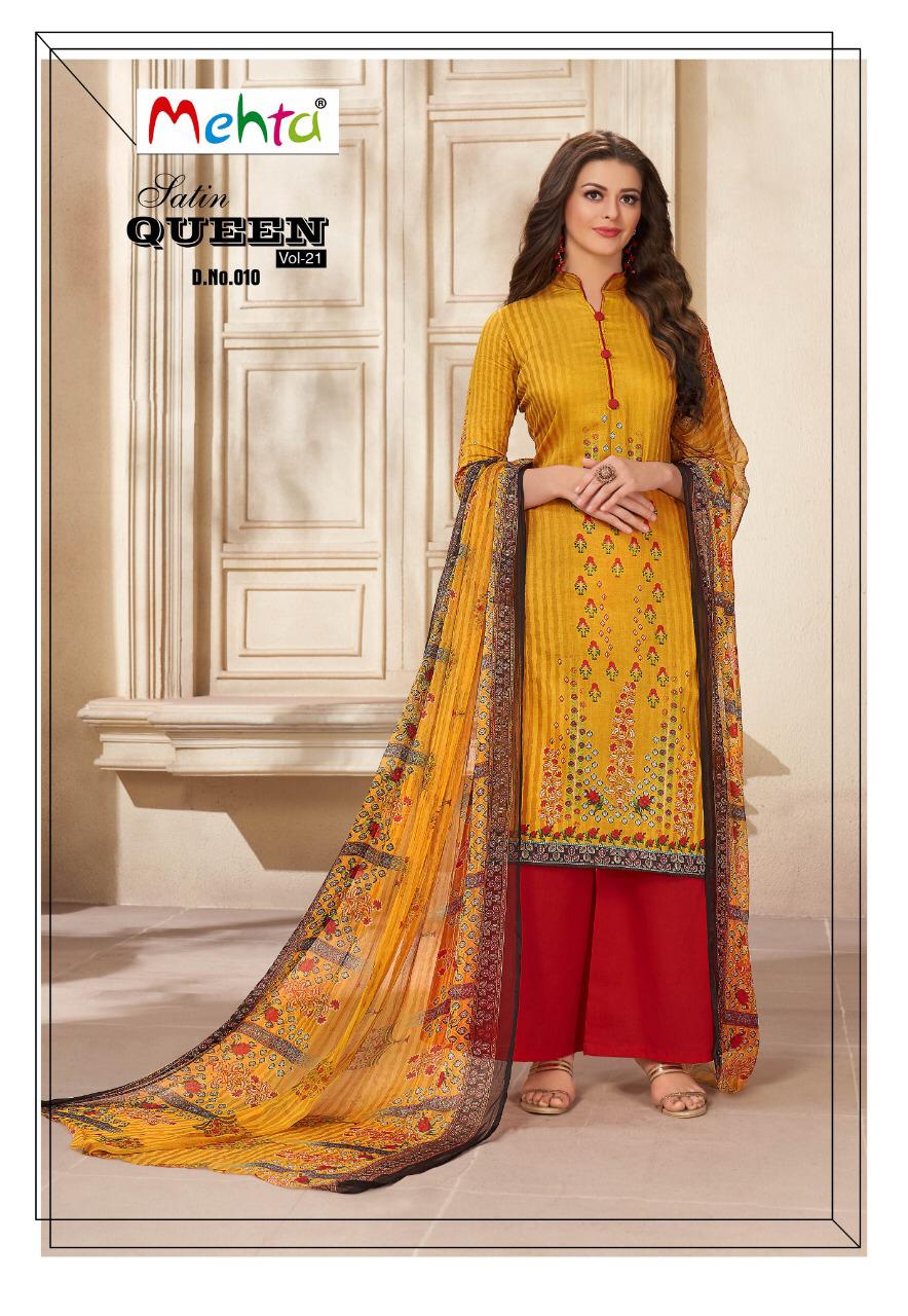 Satin Queen Vol-21 By Mehta 001 To 010 Series Beautiful Suits Stylish Fancy Colorful Casual Wear & Ethnic Wear Satin Cotton Printed Dresses At Wholesale Price