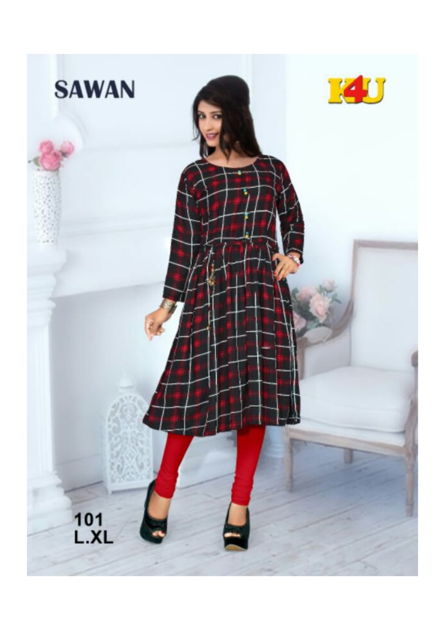Sawan By K4u 101 To 106 Series Beautiful Stylish Fancy Colorful Casual Wear & Ready To Wear & Ethnic Wear Heavy Rayon Printed Kurtis At Wholesale Price