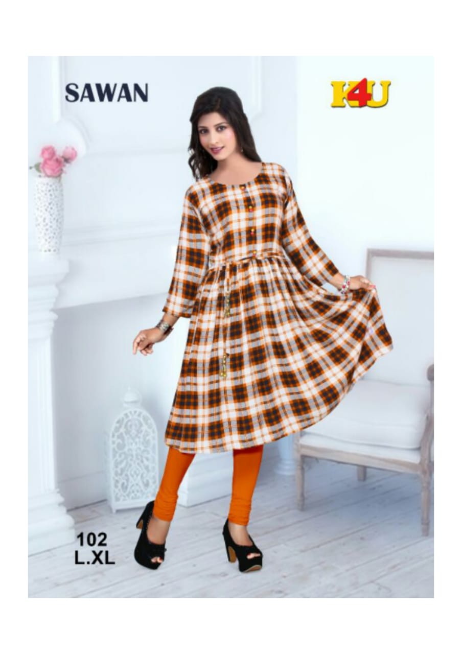 Sawan By K4u 101 To 106 Series Beautiful Stylish Fancy Colorful Casual Wear & Ready To Wear & Ethnic Wear Heavy Rayon Printed Kurtis At Wholesale Price