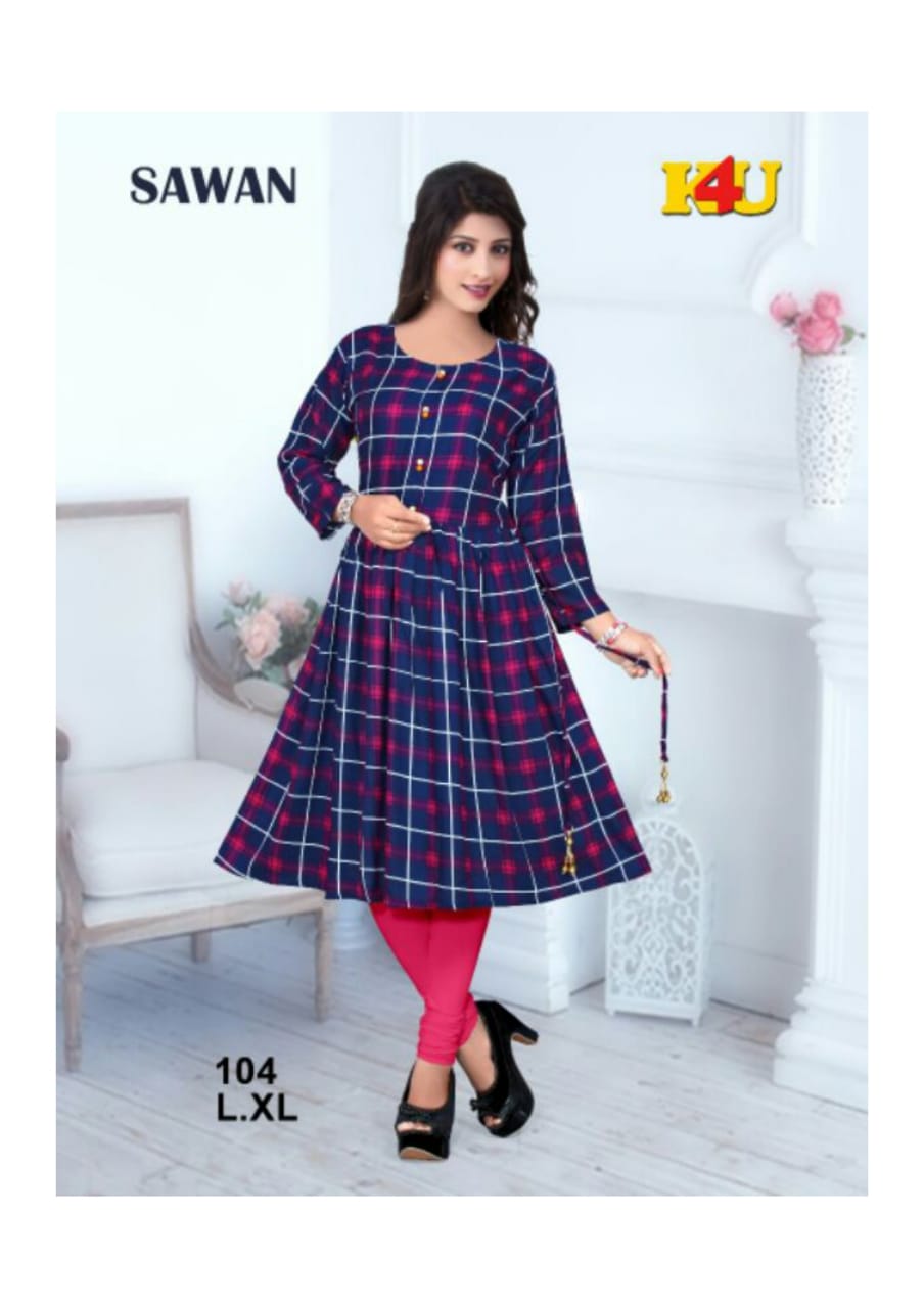 Sawan By K4u 101 To 106 Series Beautiful Stylish Fancy Colorful Casual Wear & Ready To Wear & Ethnic Wear Heavy Rayon Printed Kurtis At Wholesale Price