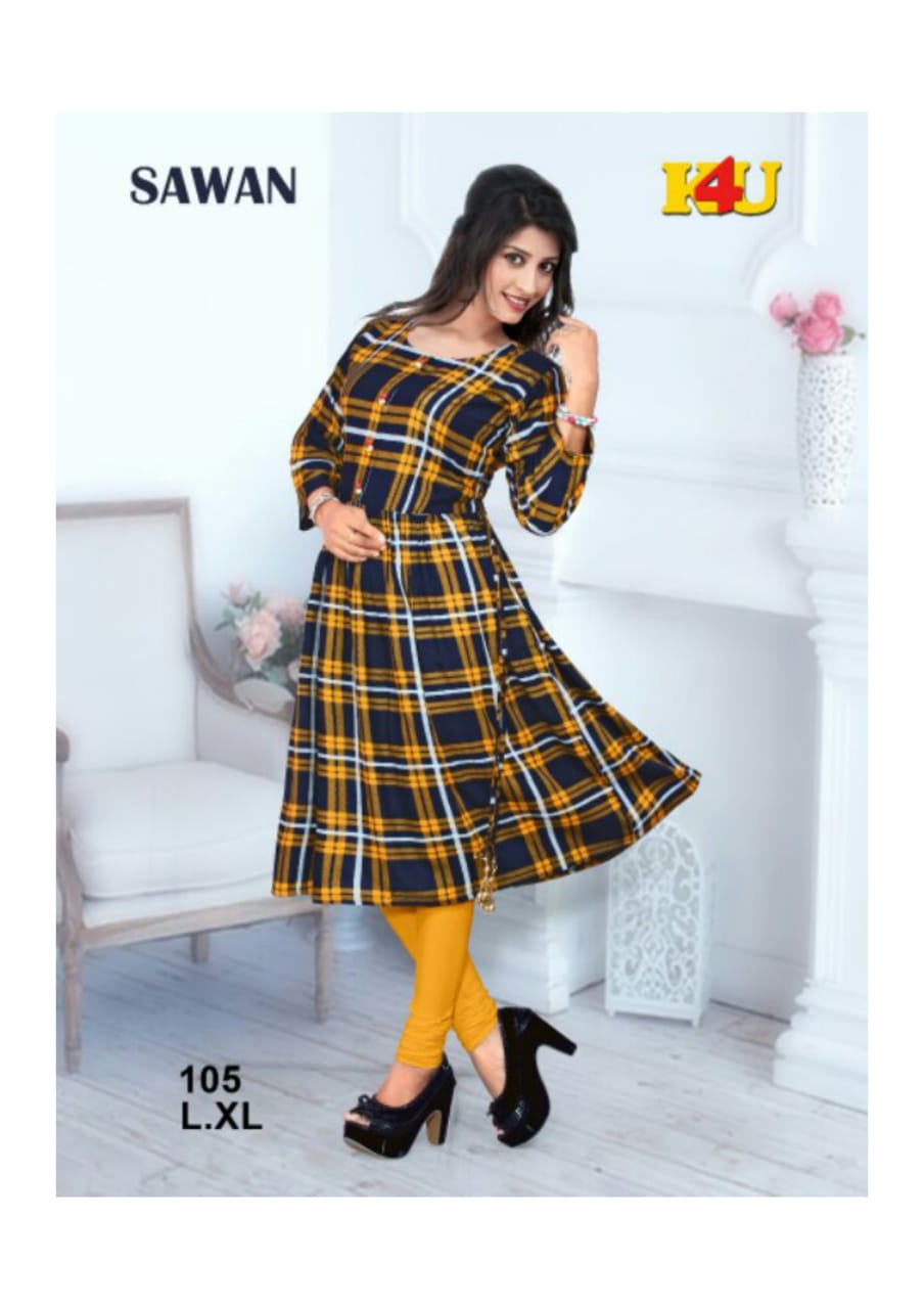 Sawan By K4u 101 To 106 Series Beautiful Stylish Fancy Colorful Casual Wear & Ready To Wear & Ethnic Wear Heavy Rayon Printed Kurtis At Wholesale Price