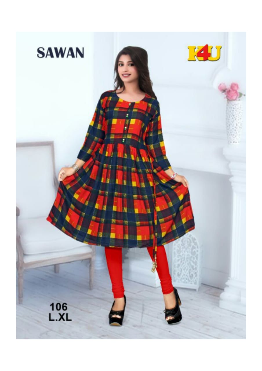 Sawan By K4u 101 To 106 Series Beautiful Stylish Fancy Colorful Casual Wear & Ready To Wear & Ethnic Wear Heavy Rayon Printed Kurtis At Wholesale Price
