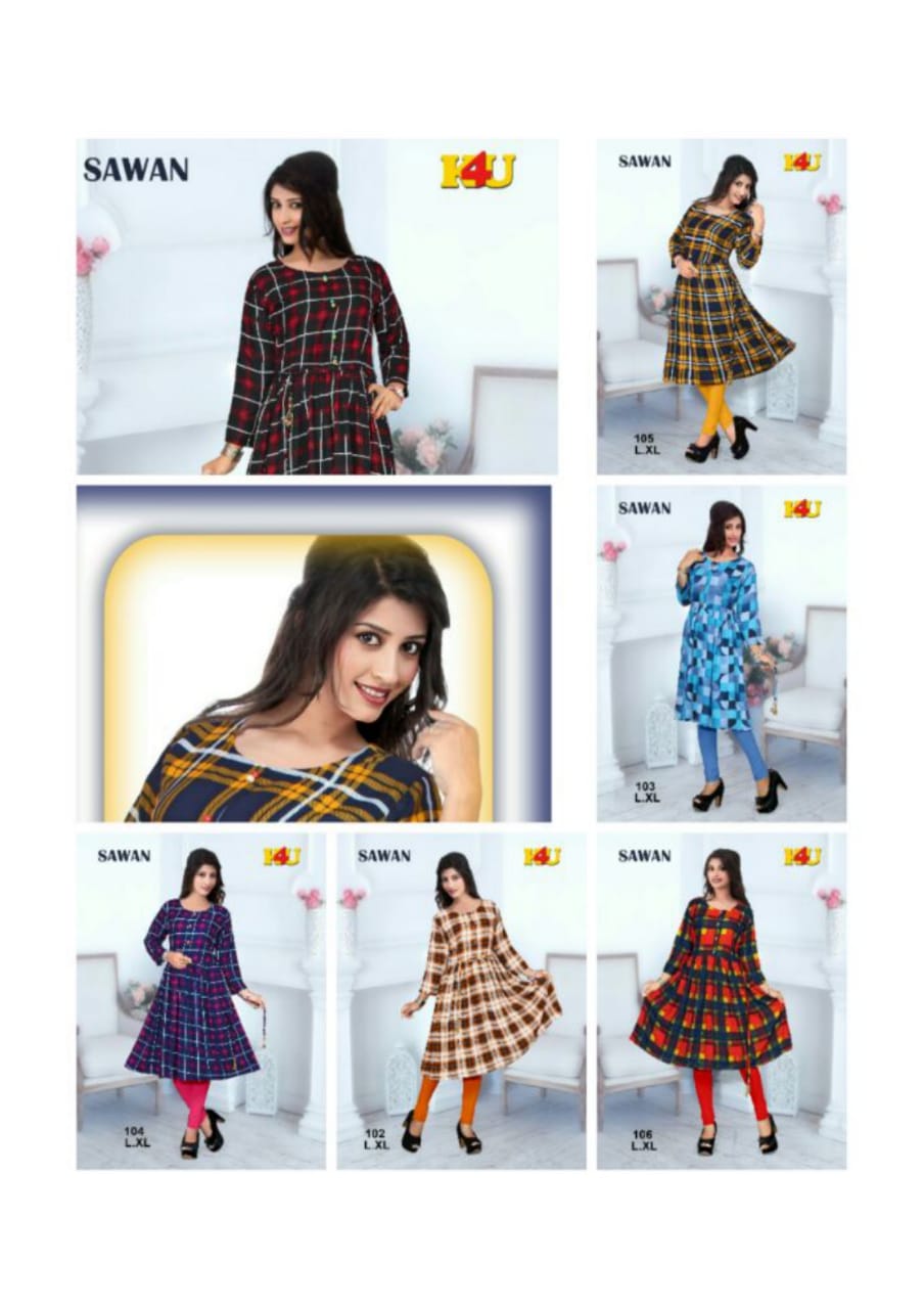 Sawan By K4u 101 To 106 Series Beautiful Stylish Fancy Colorful Casual Wear & Ready To Wear & Ethnic Wear Heavy Rayon Printed Kurtis At Wholesale Price