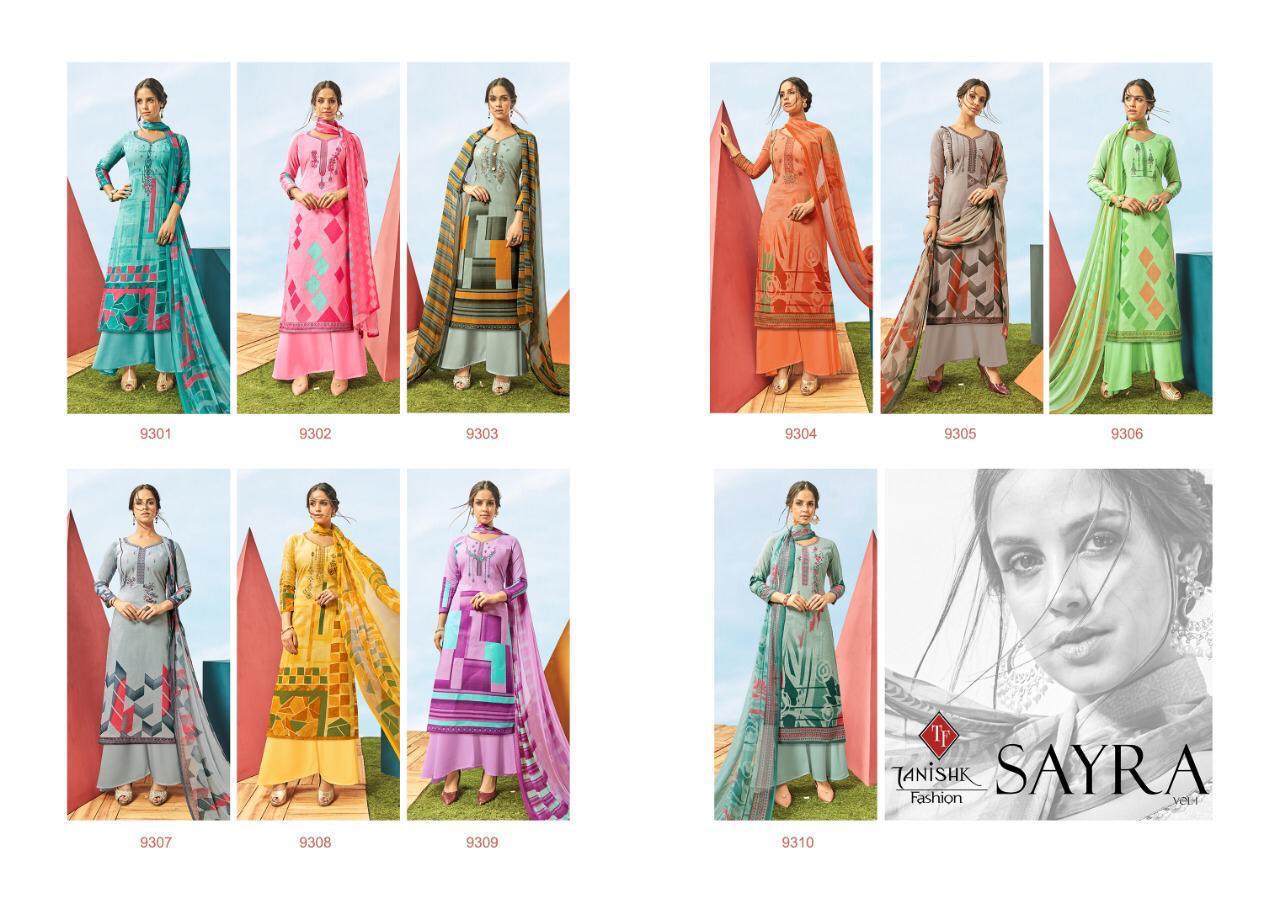 Sayra Vol-1 By Taniksh Fashion 9301 To 9310 Series Beautiful Suits Colorful Stylish Fancy Casual Wear & Ethnic Wear Pure Lawn Cabmric Geometrical Print With Heavy Embroidery Dresses At Wholesale Price