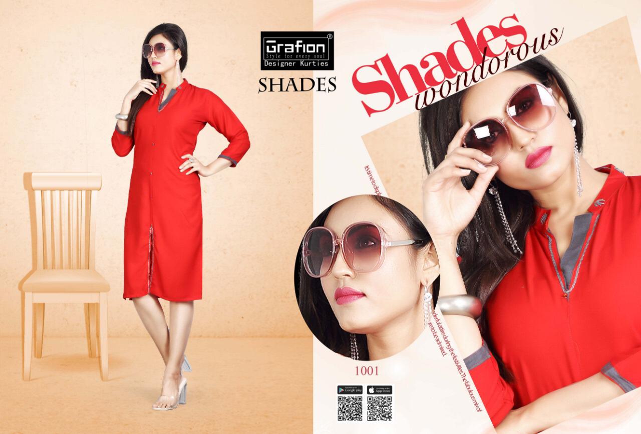 Shades By Grafion 1001 To 1010 Series Beautiful Stylish Colorful Fancy Party Wear & Ethnic Wear & Ready To Wear Rayon With Manual Work Kurtis At Wholesale Price