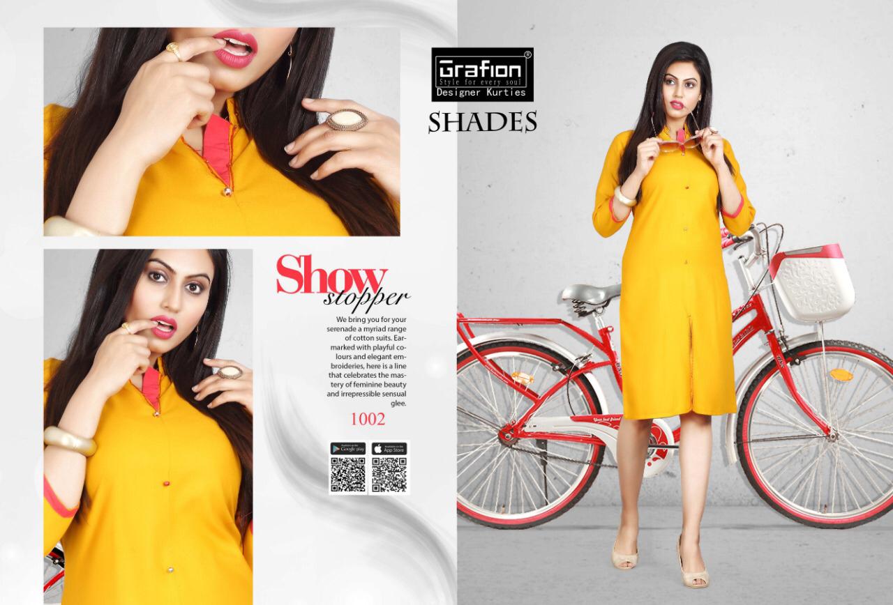 Shades By Grafion 1001 To 1010 Series Beautiful Stylish Colorful Fancy Party Wear & Ethnic Wear & Ready To Wear Rayon With Manual Work Kurtis At Wholesale Price