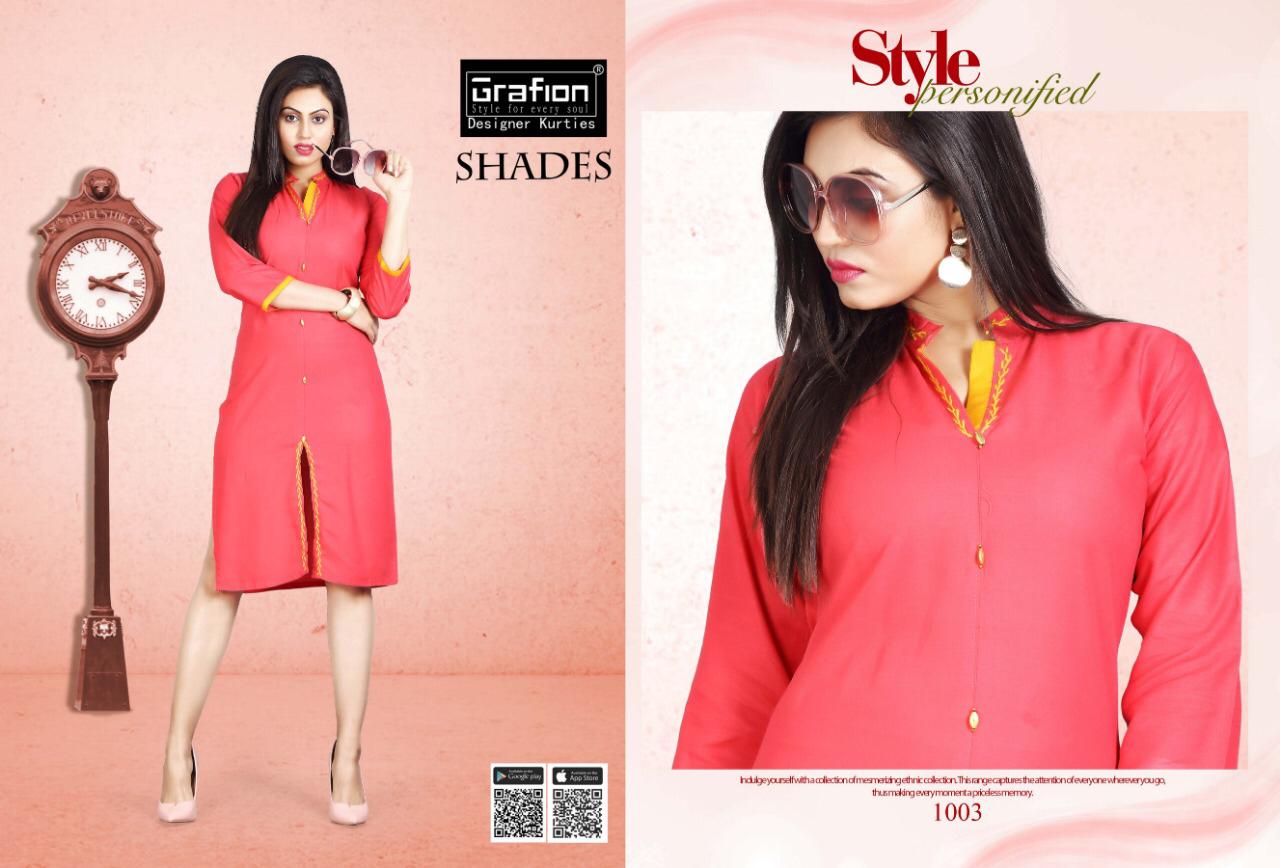 Shades By Grafion 1001 To 1010 Series Beautiful Stylish Colorful Fancy Party Wear & Ethnic Wear & Ready To Wear Rayon With Manual Work Kurtis At Wholesale Price