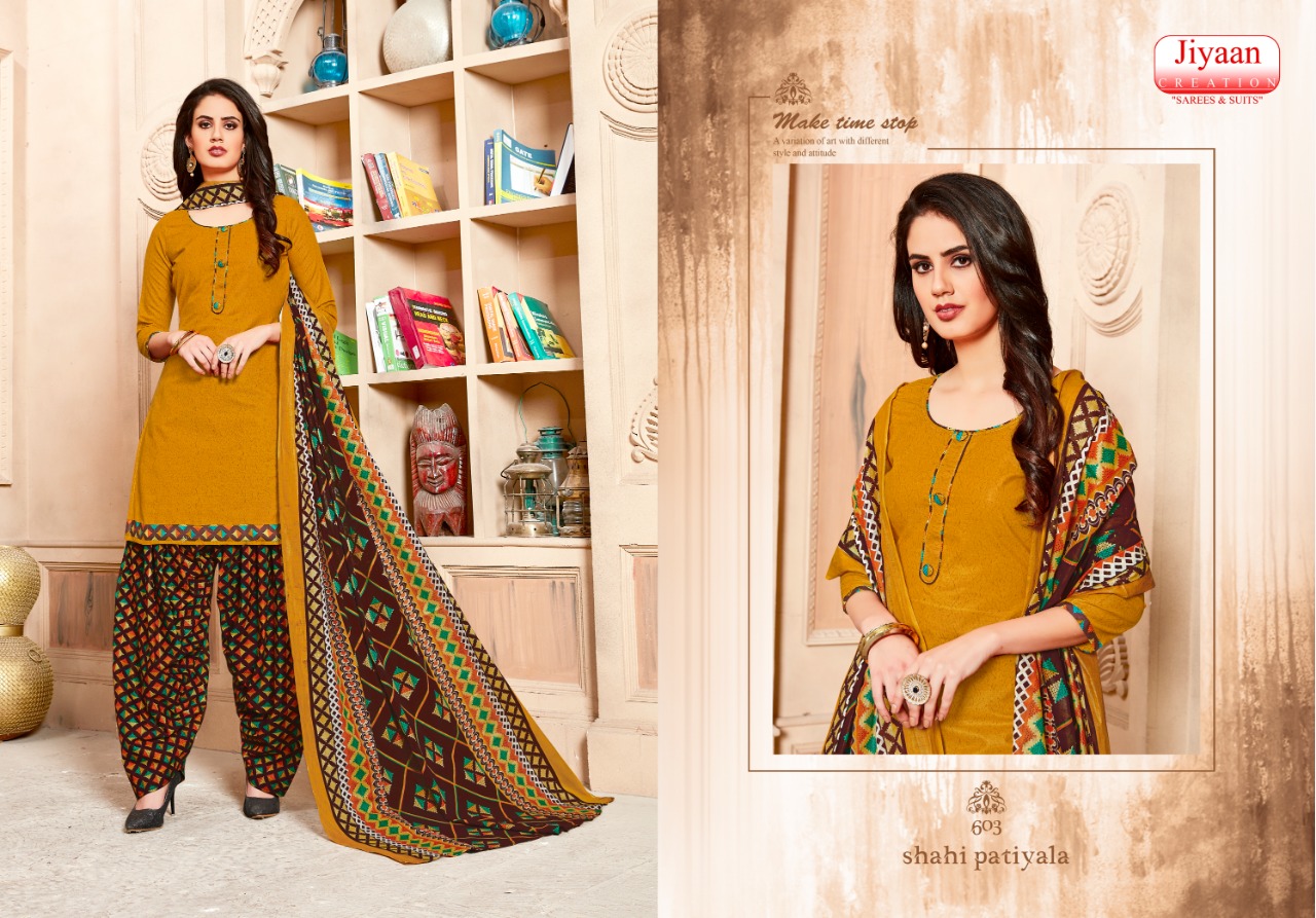 Shahi Patiyala By Jiyaan Creation 601 To 610 Series Beautiful Suits Stylish Fancy Colorful Casual Wear & Ethnic Wear Pure Cotton Printed Dresses At Wholesale Price