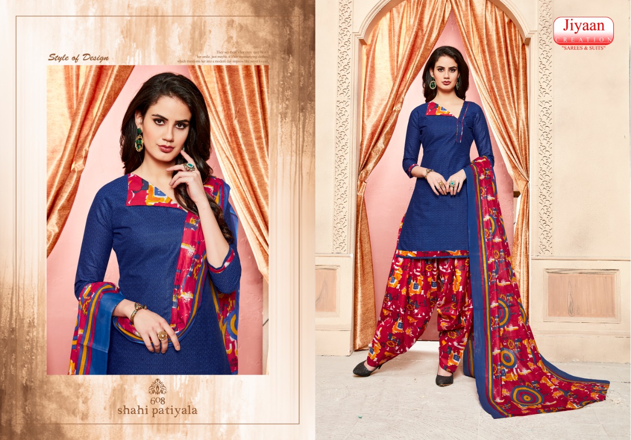 Shahi Patiyala By Jiyaan Creation 601 To 610 Series Beautiful Suits Stylish Fancy Colorful Casual Wear & Ethnic Wear Pure Cotton Printed Dresses At Wholesale Price