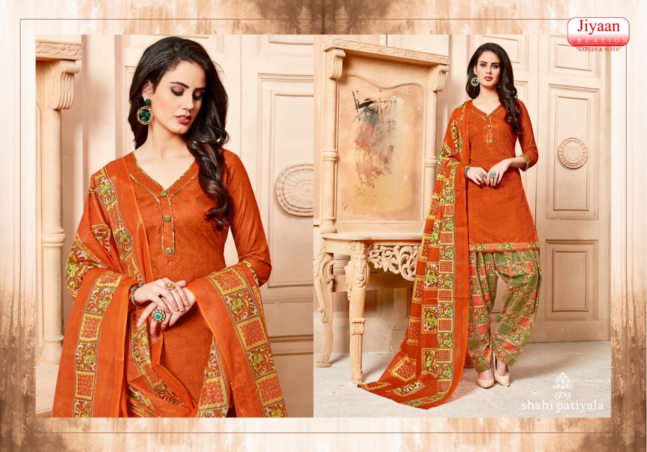 Shahi Patiyala By Jiyaan Creation 601 To 610 Series Beautiful Suits Stylish Fancy Colorful Casual Wear & Ethnic Wear Pure Cotton Printed Dresses At Wholesale Price