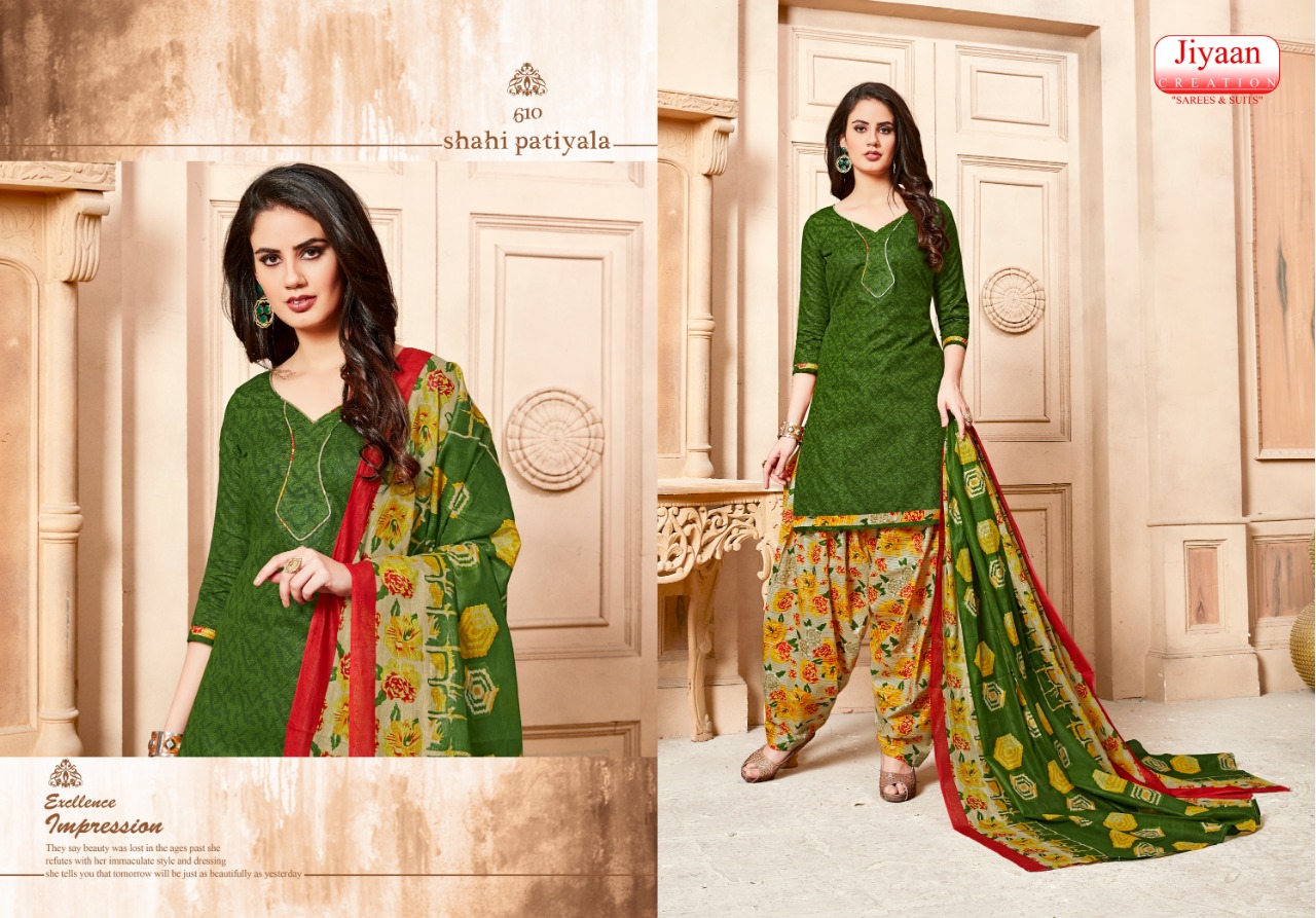 Shahi Patiyala By Jiyaan Creation 601 To 610 Series Beautiful Suits Stylish Fancy Colorful Casual Wear & Ethnic Wear Pure Cotton Printed Dresses At Wholesale Price