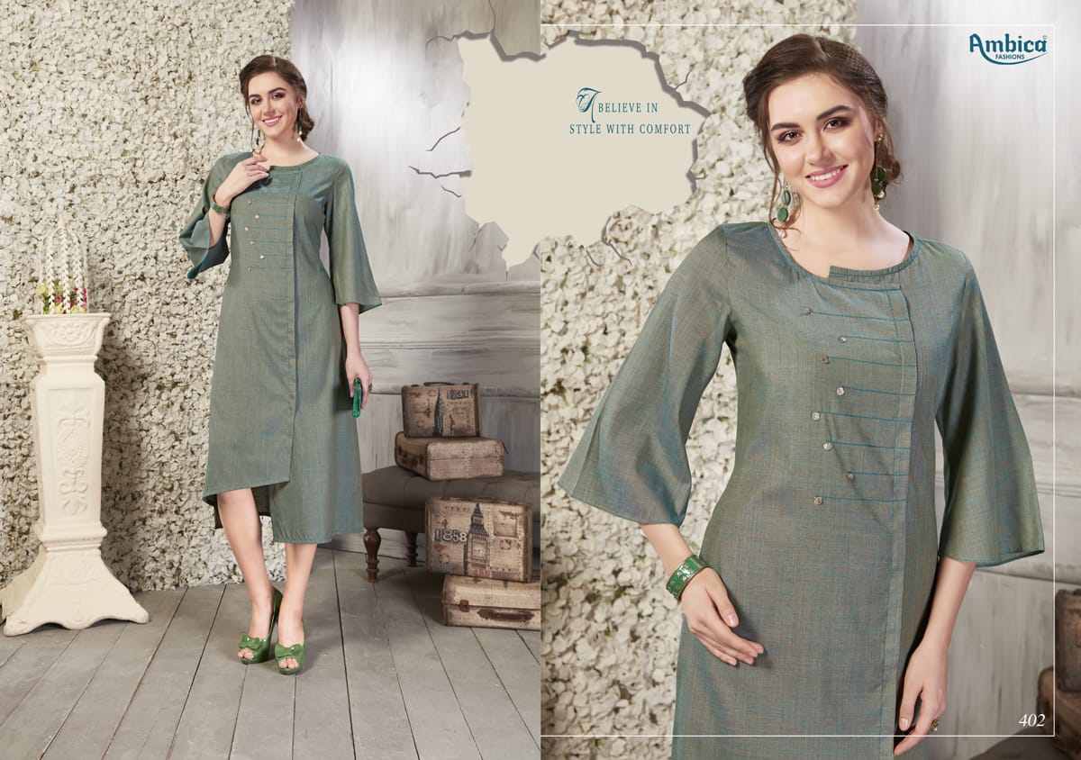 Shaina By Ambica Fashion 401 To 410 Series Beautiful Colorful Stylish Fancy Casual Wear & Ethnic Wear & Ready To Wear Cross Cotton Slub Kurtis At Wholesale Price