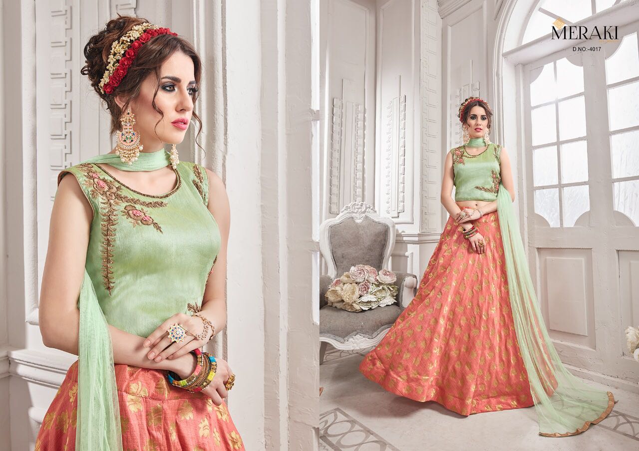 Shama By Meraki 4013 To 4021 Series Designer Beautiful Stylish Fancy Colorful Party Wear & Occasional Wear Heavy Silk Jacquard Lehengas At Wholesale Price