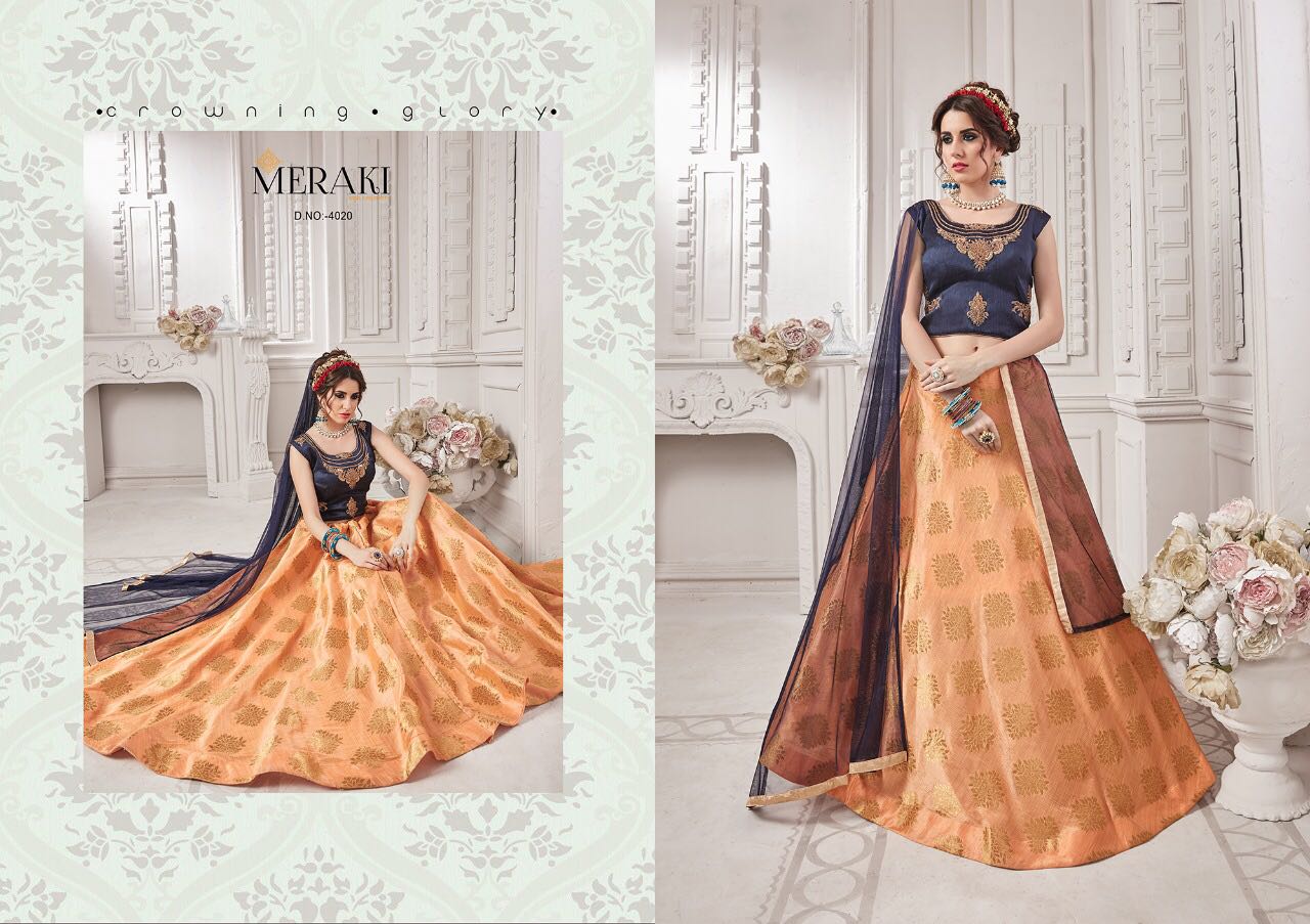 Shama By Meraki 4013 To 4021 Series Designer Beautiful Stylish Fancy Colorful Party Wear & Occasional Wear Heavy Silk Jacquard Lehengas At Wholesale Price