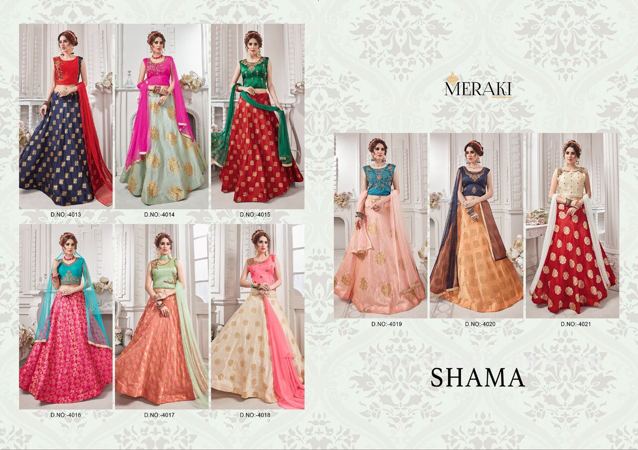 Shama By Meraki 4013 To 4021 Series Designer Beautiful Stylish Fancy Colorful Party Wear & Occasional Wear Heavy Silk Jacquard Lehengas At Wholesale Price