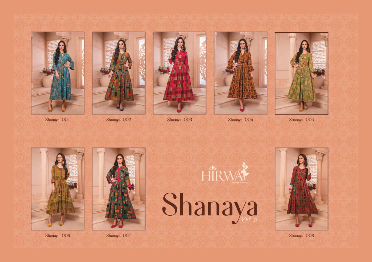 Shanaya Vol-5 By Hirwa 001 To 008 Series Indian Traditional Wear Collection Beautiful Stylish Fancy Colorful Party Wear & Occasional Wear Pure Rayon Printed Kurtis At Wholesale Price