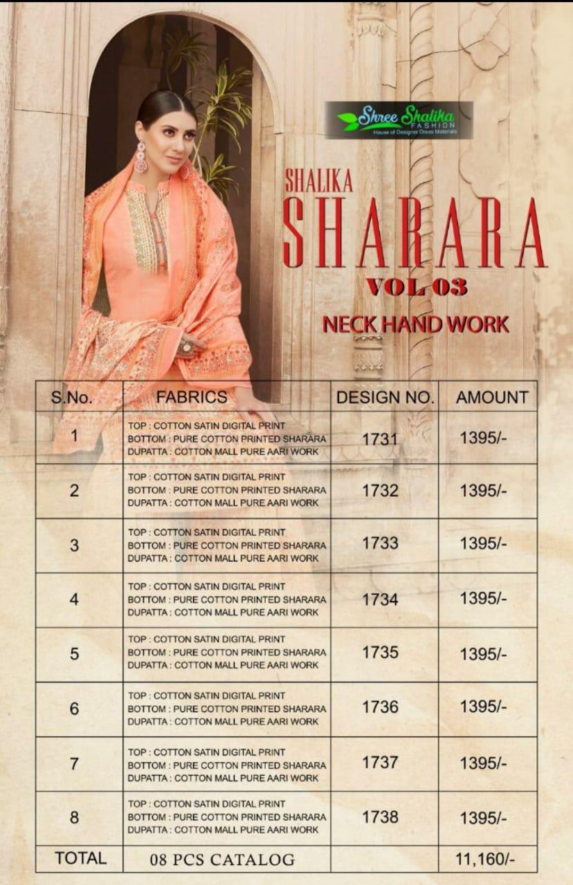 Sharara Vol-3 By Shree Shalika Fashion 1731 To 1736 Series Beautiful Colorful Fancy Stylish Casual Wear & Ethnic Wear Cotton Satin Digital Printed Dresses At Wholesale Price