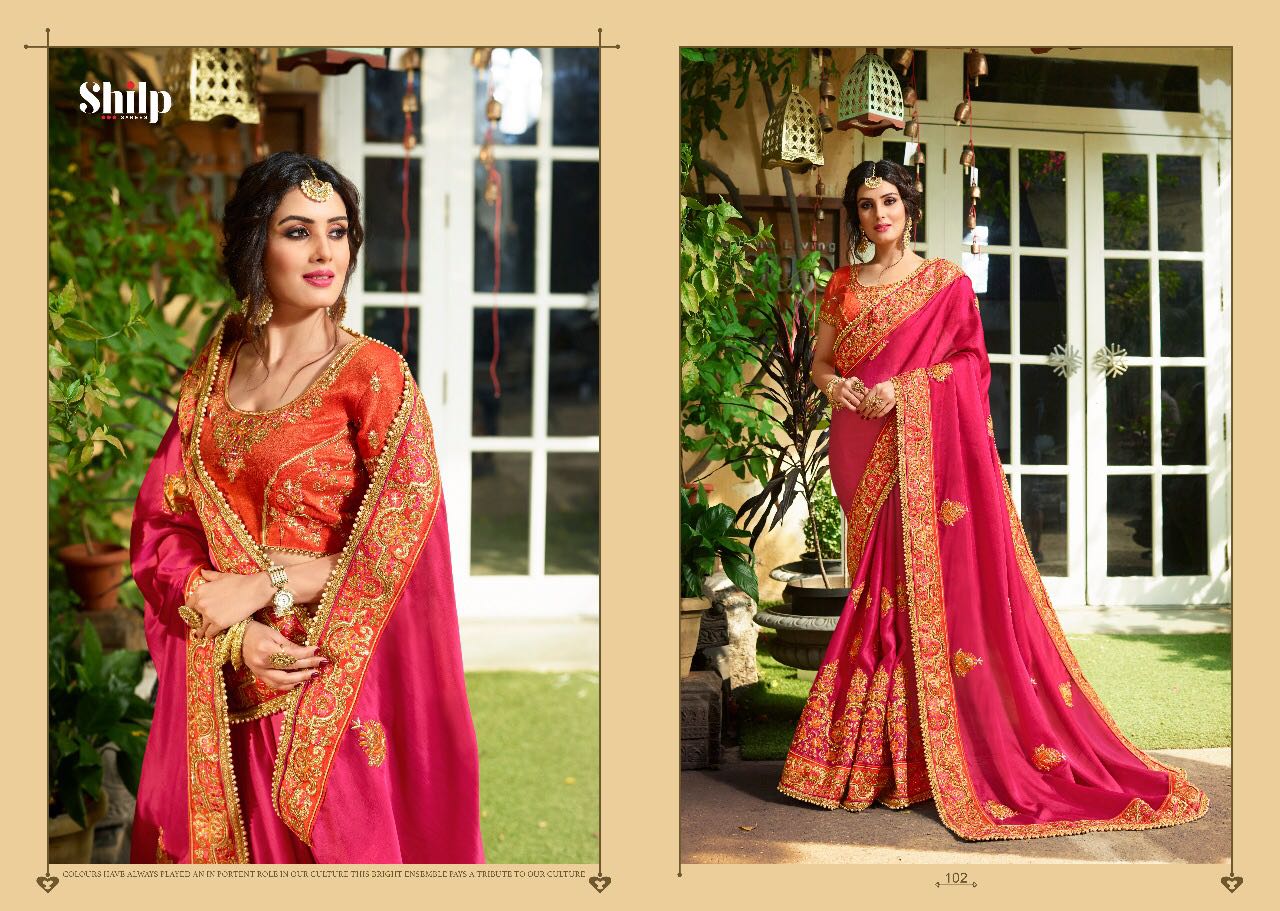 Shilp 101 Series By Shilp Sarees 101 To 112 Series Designer Wedding Collection Beautiful Traditional Wear Colorful Stylish Fancy Party Wear & Occasional Wear Silk Embroidered Sarees At Wholesale Price