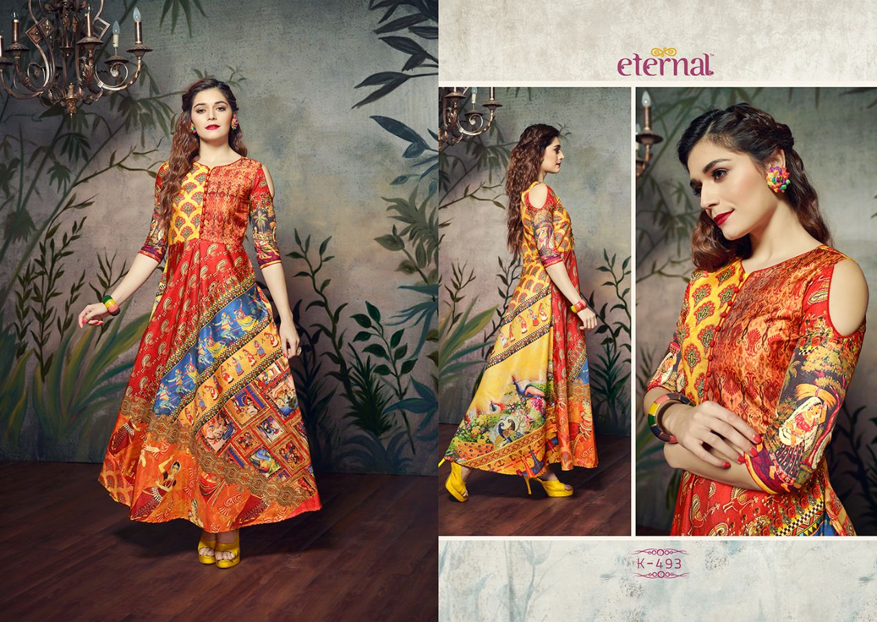 Silk Mode By Eternal 492 To 502 Series Designer Beautiful Stylish Fancy Colorful Party Wear & Ethnic Wear Manipuri Silk Printed Kurtis At Wholesale Price