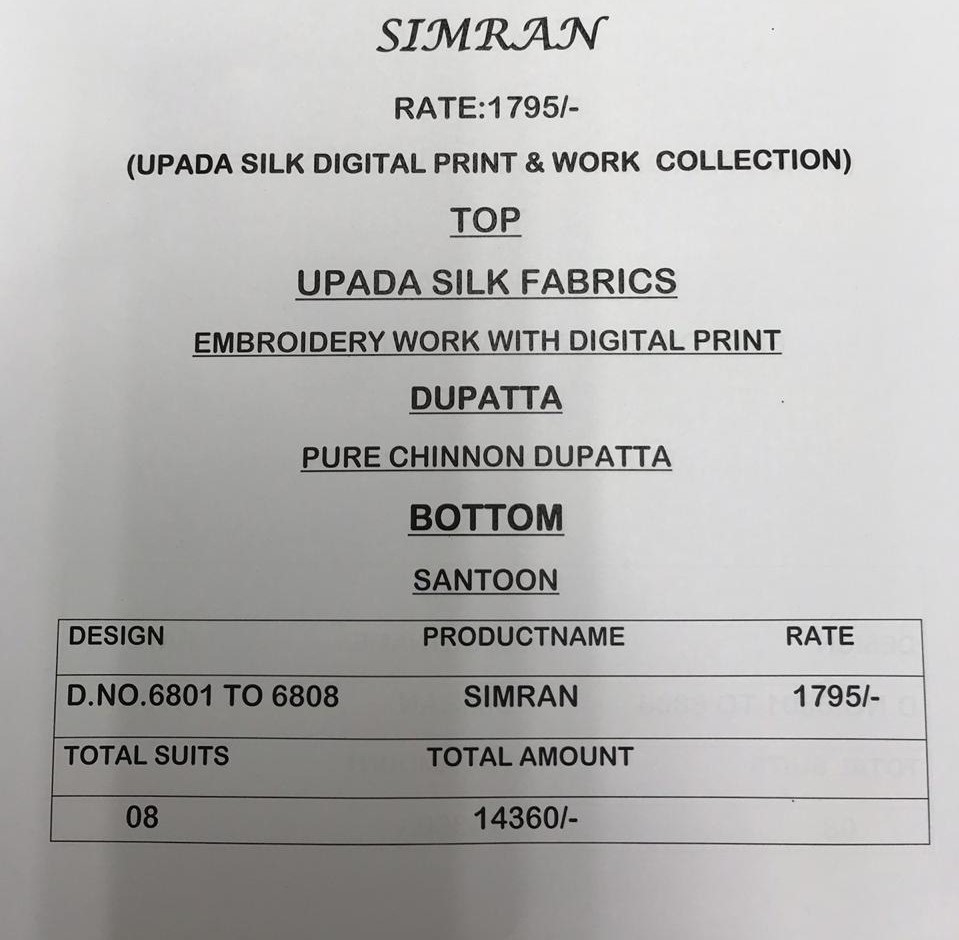 Simran By Vivek Fashion 6801 To 6808 Series Beautiful Suits Stylish Fancy Colorful Casual Wear & Ethnic Wear Collection Upada Silk Embroidered Dresses At Wholesale Price