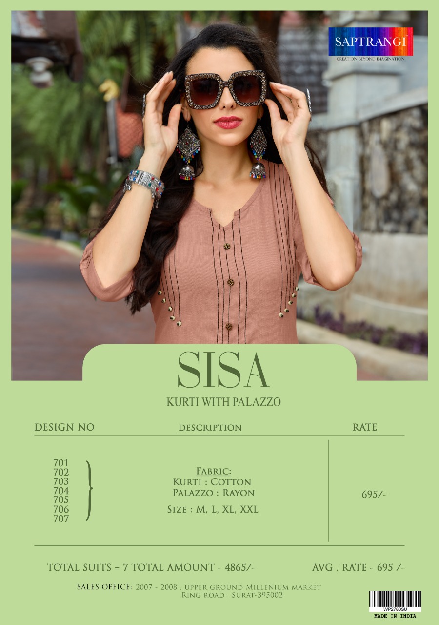 Sisa By Saptrangi 701 To 707 Series Beautiful Stylish Fancy Colorful Casual Wear & Ethnic Wear & Ready To Wear Coton Kurtis With Palazzo At Wholesale Price