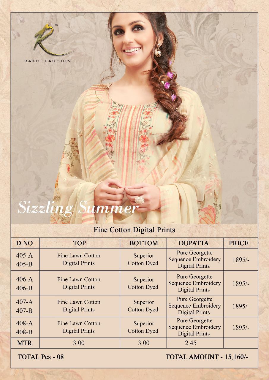 Sizzling Summer By Rakhi Fashion 405-a To 408-b Series Beautiful Suits Stylish Fancy Colorful Party Wear & Ethnic Wear Fine Lawn Cotton Digital Printed Dresses At Wholesale Price