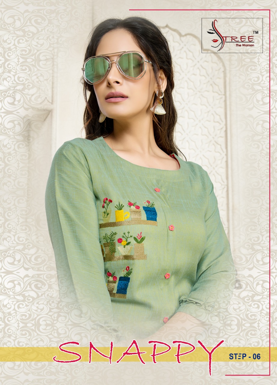Snappy Vol-6 By Shree Creation 6001 To 6006 Series Beautiful Colorful Stylish Fancy Casual Wear & Ethnic Wear & Ready To Wear Heavy Rayon Two Tone Slub With Embroidery Kurtis At Wholesale Price