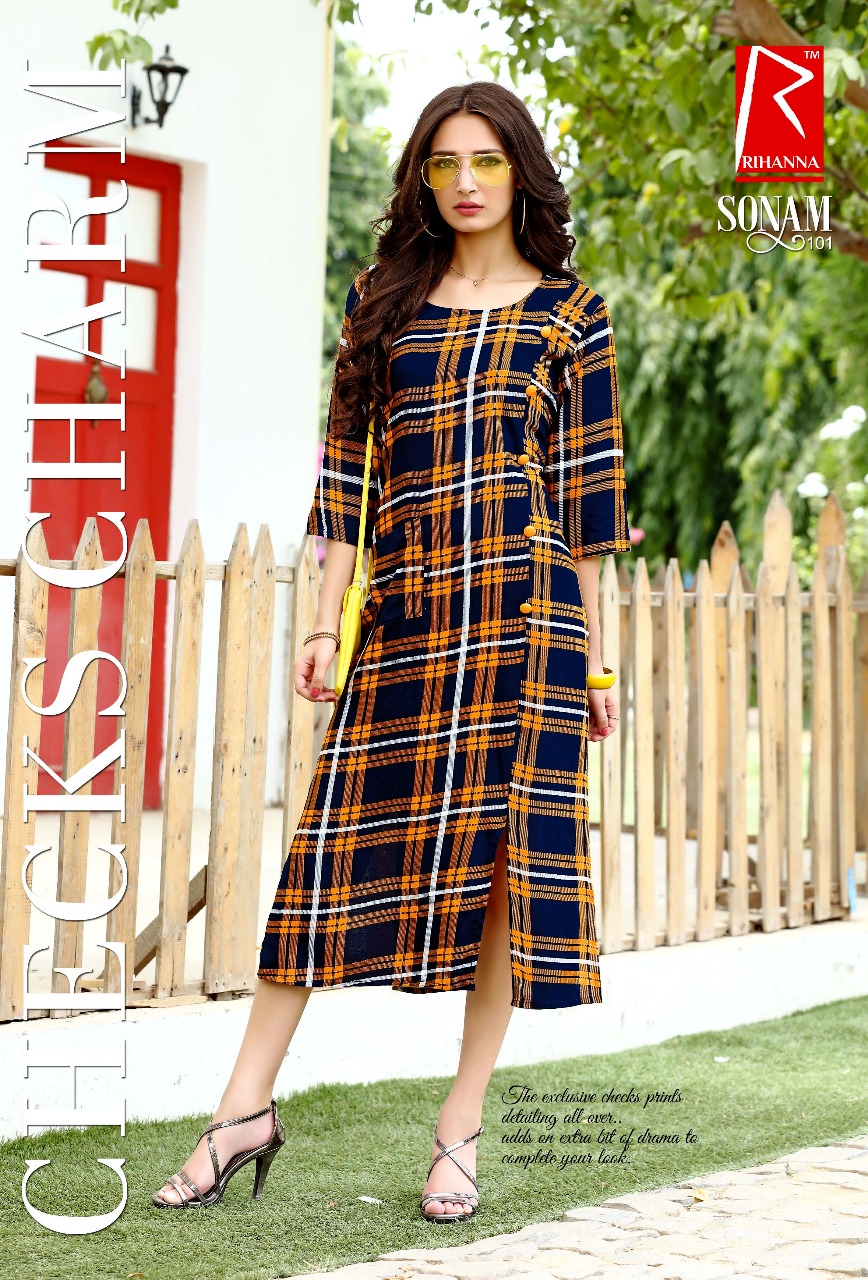 Sonam By Rihanna 101 To 110 Series Beautiful Stylish Fancy Colorful Casual Wear & Ready To Wear & Ethnic Wear Rayon Checks Printed Kurtis At Wholesale Price
