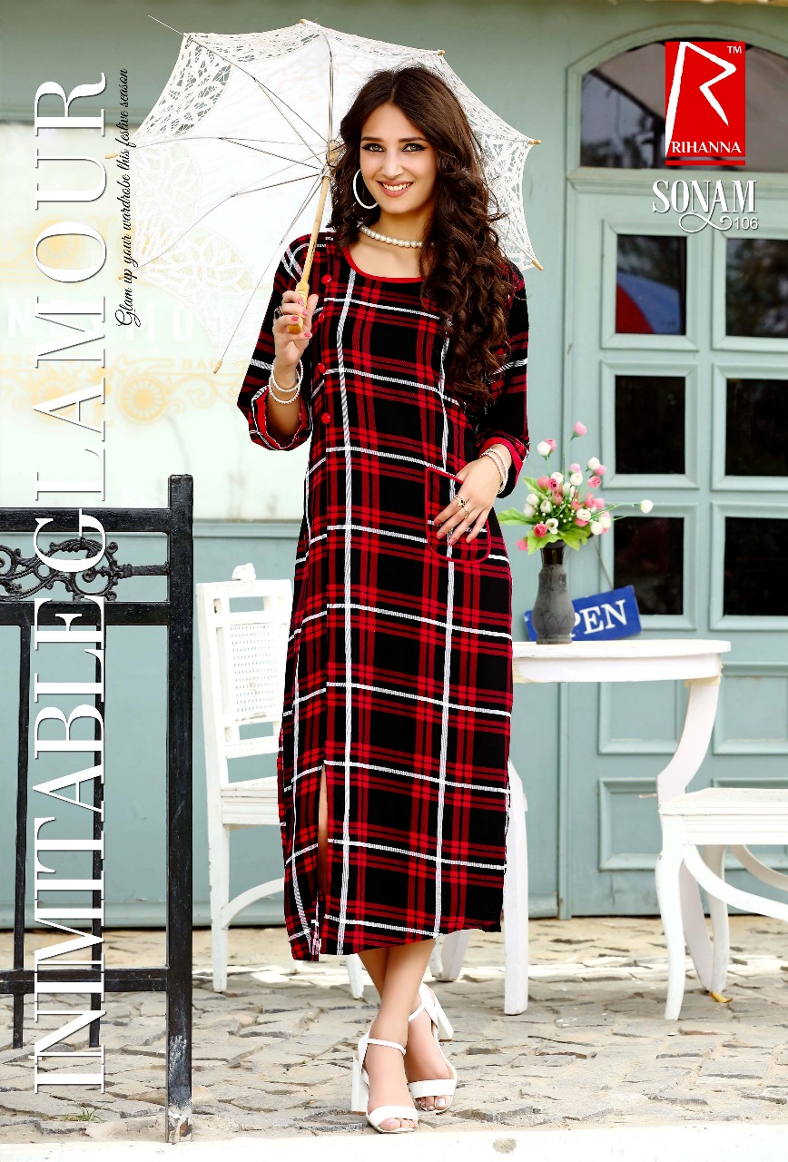 Sonam By Rihanna 101 To 110 Series Beautiful Stylish Fancy Colorful Casual Wear & Ready To Wear & Ethnic Wear Rayon Checks Printed Kurtis At Wholesale Price