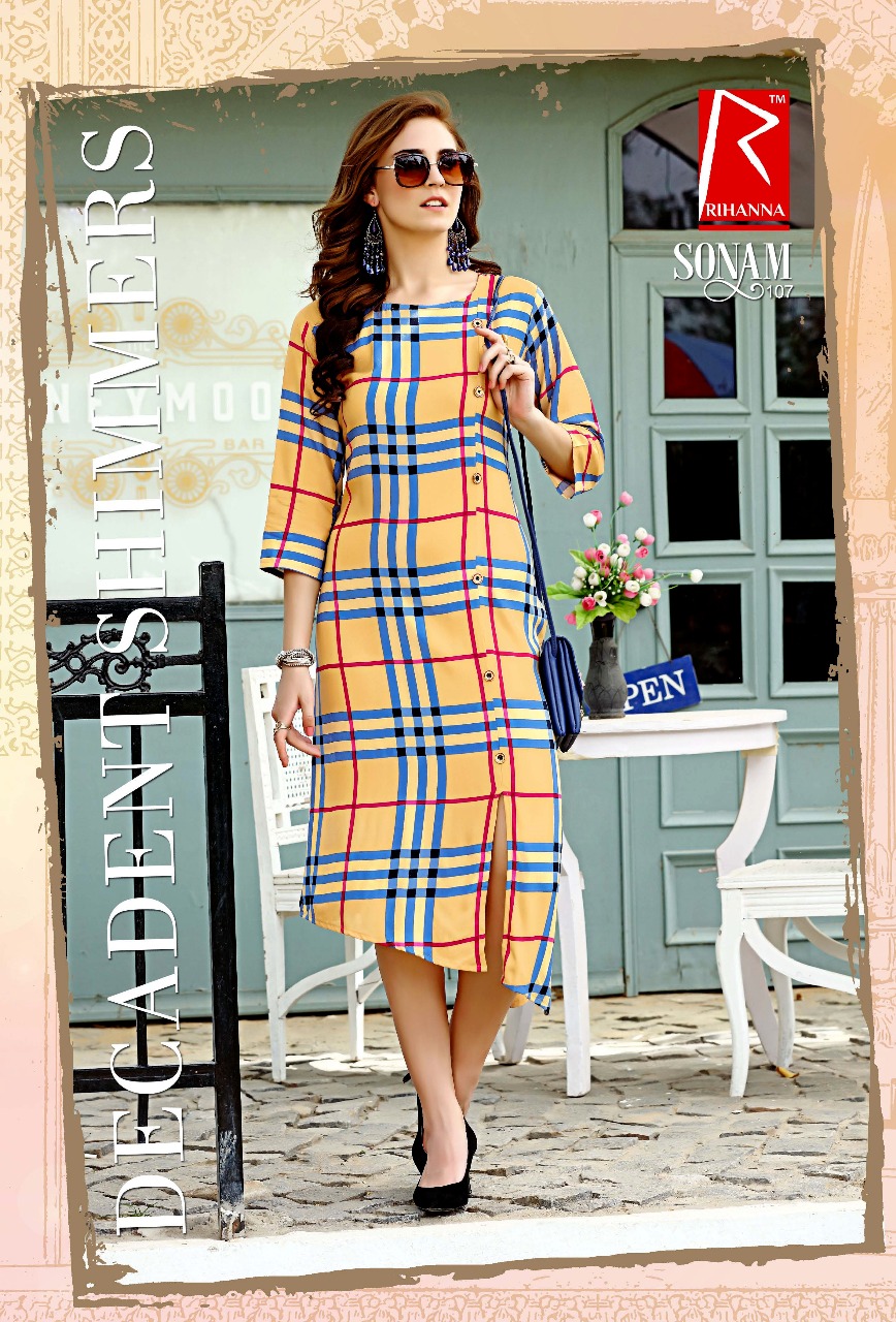 Sonam By Rihanna 101 To 110 Series Beautiful Stylish Fancy Colorful Casual Wear & Ready To Wear & Ethnic Wear Rayon Checks Printed Kurtis At Wholesale Price