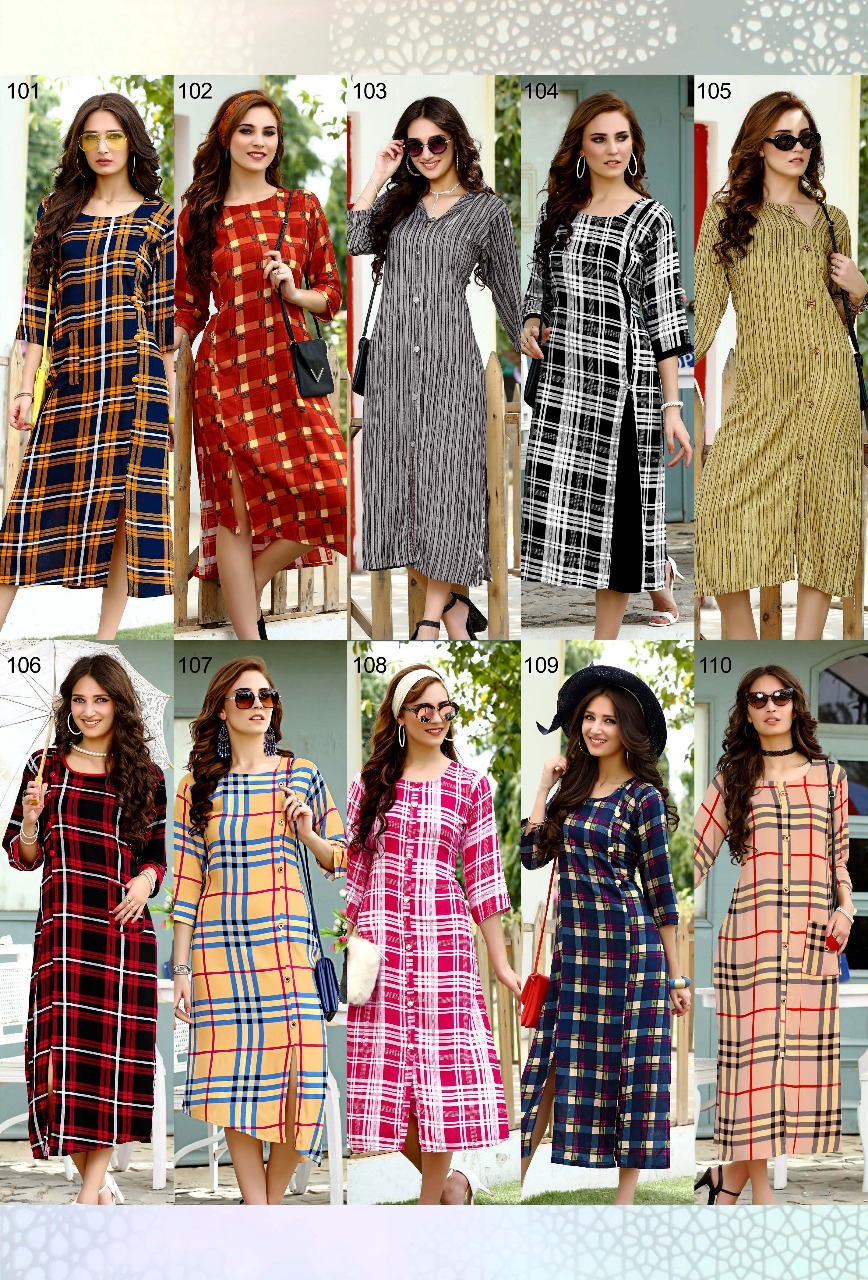 Sonam By Rihanna 101 To 110 Series Beautiful Stylish Fancy Colorful Casual Wear & Ready To Wear & Ethnic Wear Rayon Checks Printed Kurtis At Wholesale Price