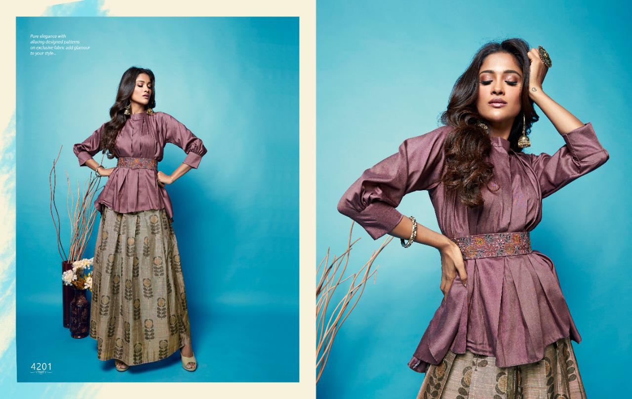 Sparkles Vol-4 By Nitara Fashion 4201 To 4205 Series Beautiful Stylish Colorful Fancy Party Wear & Ethnic Wear & Ready To Wear Heavy Silk Embroidered Top With Long Printed Skirt Kurtis At Wholesale Price