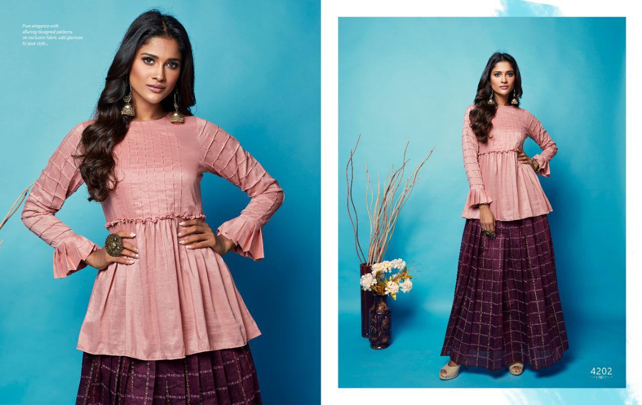 Sparkles Vol-4 By Nitara Fashion 4201 To 4205 Series Beautiful Stylish Colorful Fancy Party Wear & Ethnic Wear & Ready To Wear Heavy Silk Embroidered Top With Long Printed Skirt Kurtis At Wholesale Price