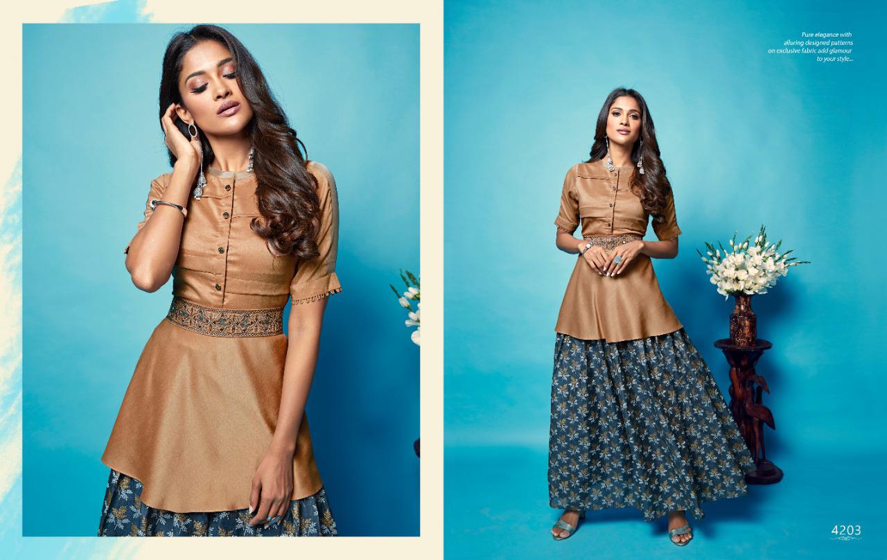 Sparkles Vol-4 By Nitara Fashion 4201 To 4205 Series Beautiful Stylish Colorful Fancy Party Wear & Ethnic Wear & Ready To Wear Heavy Silk Embroidered Top With Long Printed Skirt Kurtis At Wholesale Price