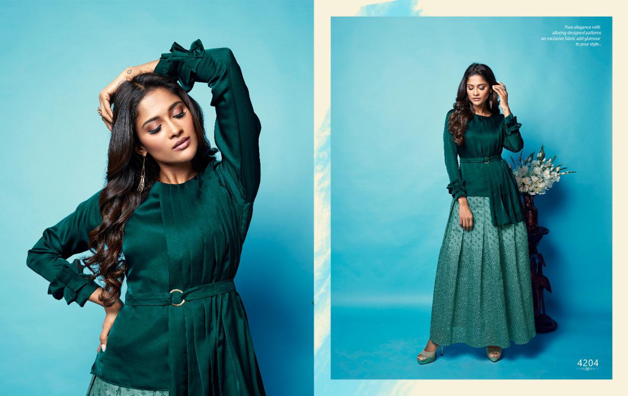 Sparkles Vol-4 By Nitara Fashion 4201 To 4205 Series Beautiful Stylish Colorful Fancy Party Wear & Ethnic Wear & Ready To Wear Heavy Silk Embroidered Top With Long Printed Skirt Kurtis At Wholesale Price