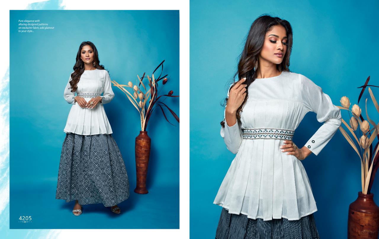 Sparkles Vol-4 By Nitara Fashion 4201 To 4205 Series Beautiful Stylish Colorful Fancy Party Wear & Ethnic Wear & Ready To Wear Heavy Silk Embroidered Top With Long Printed Skirt Kurtis At Wholesale Price