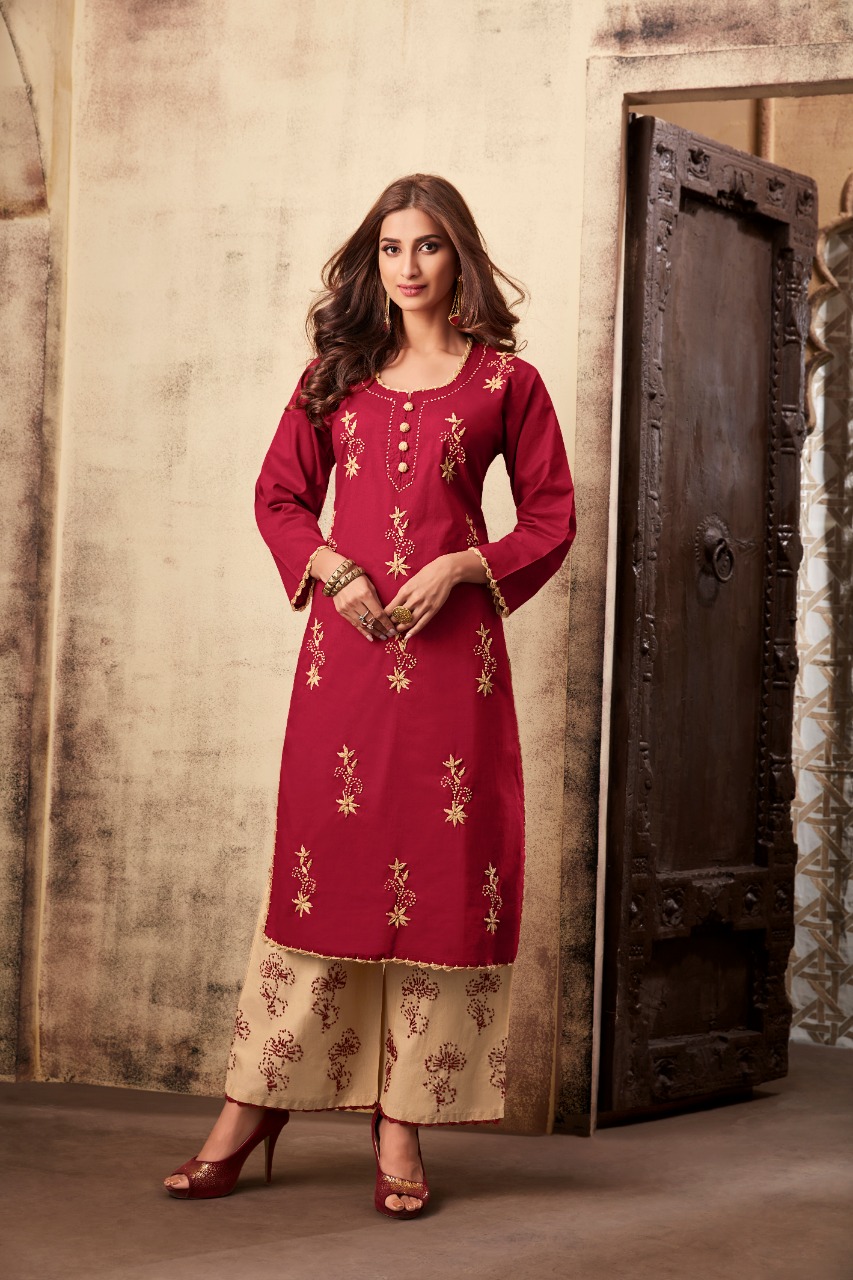 Sparsh By Tzu 1001 To 1004 Series Stylish Fancy Beautiful Colorful Casual Wear & Ethnic Wear Rayon Slub With Hand Work Embroidery Kurtis With Palazzo At Wholesale Price