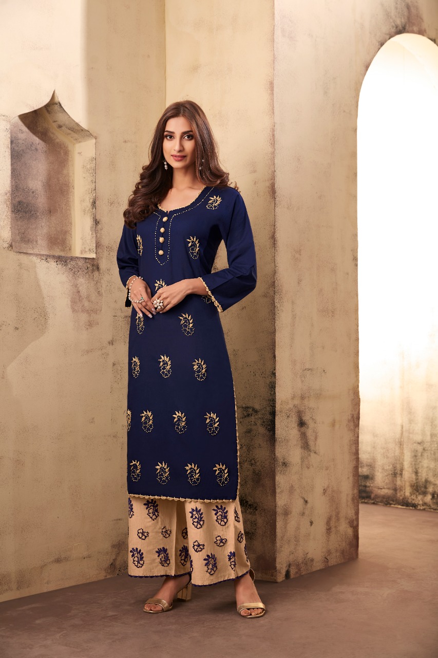 Sparsh By Tzu 1001 To 1004 Series Stylish Fancy Beautiful Colorful Casual Wear & Ethnic Wear Rayon Slub With Hand Work Embroidery Kurtis With Palazzo At Wholesale Price
