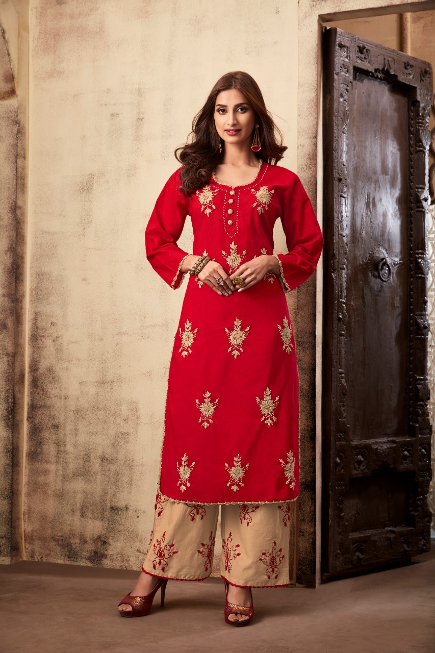 Sparsh By Tzu 1001 To 1004 Series Stylish Fancy Beautiful Colorful Casual Wear & Ethnic Wear Rayon Slub With Hand Work Embroidery Kurtis With Palazzo At Wholesale Price