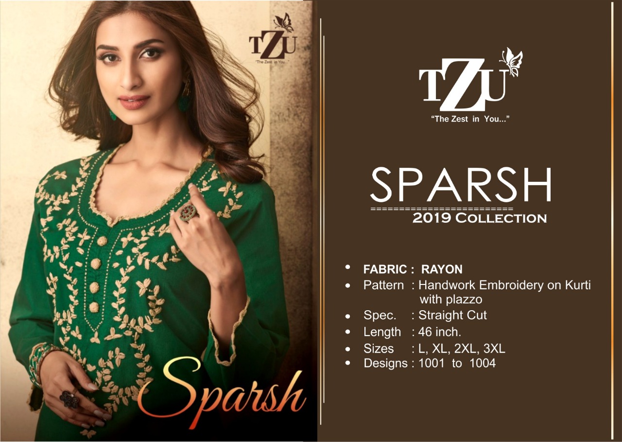 Sparsh By Tzu 1001 To 1004 Series Stylish Fancy Beautiful Colorful Casual Wear & Ethnic Wear Rayon Slub With Hand Work Embroidery Kurtis With Palazzo At Wholesale Price
