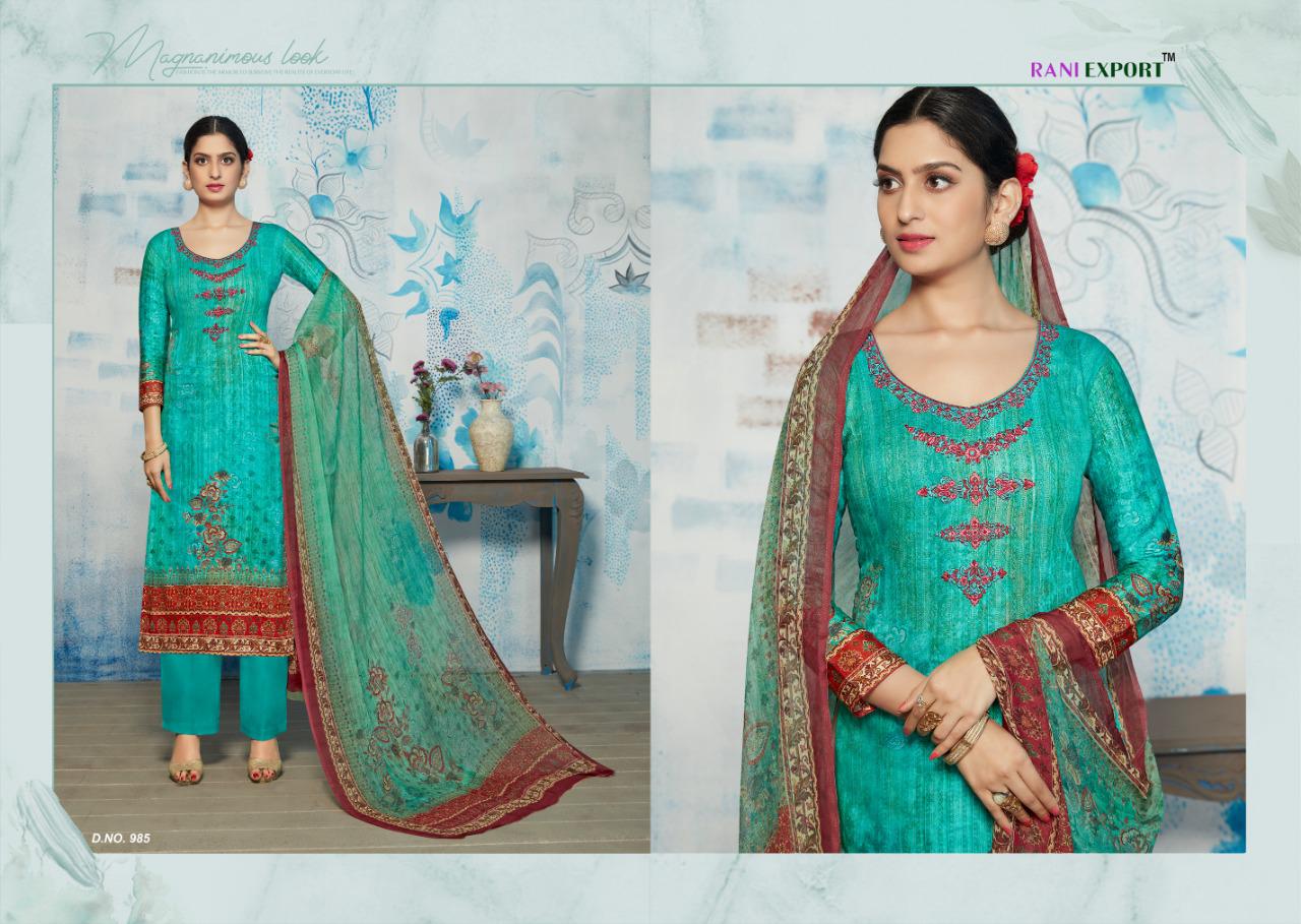 Spice Bloom By Rani Exports 984 To 990 Beautiful Suits Stylish Colorful Fancy Casual Wear & Ethnic Wear Pure Zam Cotton Digital Print With Embroidery Dresses At Wholesale Price