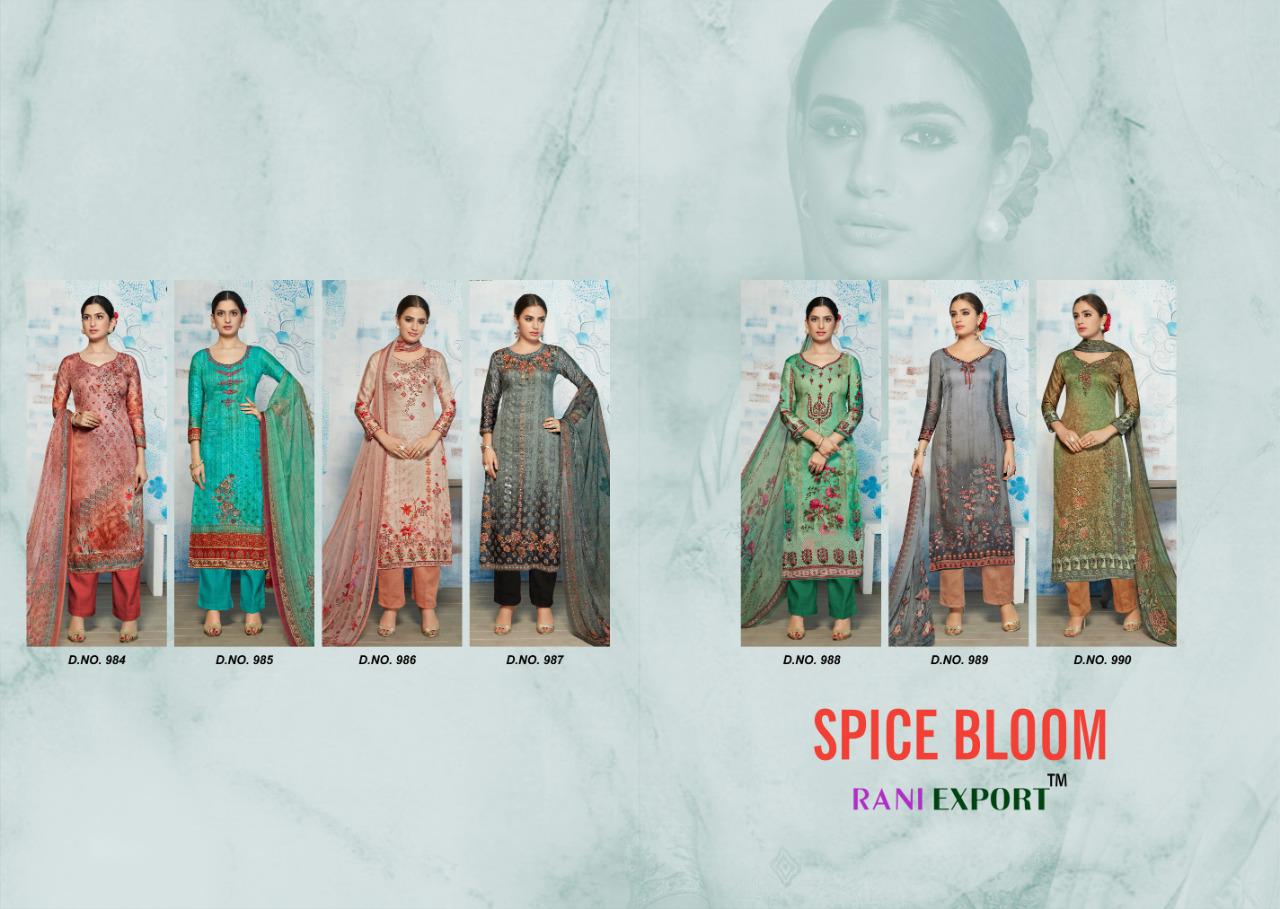 Spice Bloom By Rani Exports 984 To 990 Beautiful Suits Stylish Colorful Fancy Casual Wear & Ethnic Wear Pure Zam Cotton Digital Print With Embroidery Dresses At Wholesale Price