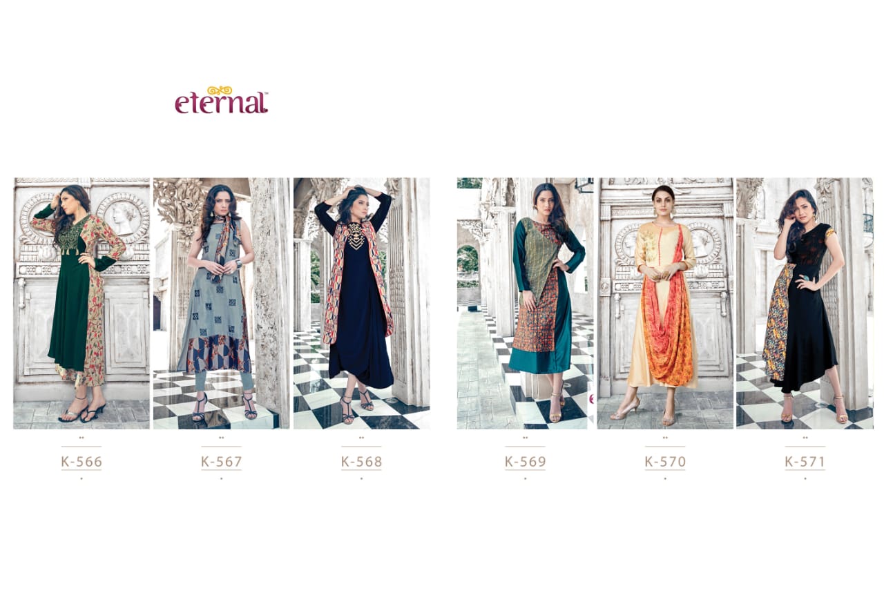 Star Light Vol-4 By Eternal 566 To 571 Series Beautiful Stylish Fancy Colorful Casual Wear & Ethnic Wear & Ready To Wear Satin/crepe/georgette/silk Kurtis At Wholesale Price