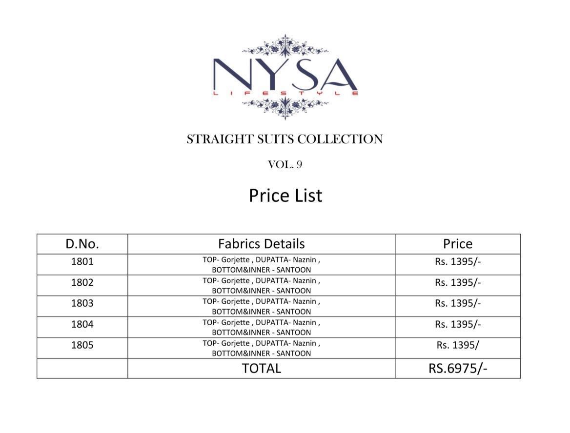 Straight Suits Collection Vol-9 By Nysa Lifestyle 1801 To 1805 Series Designer Beautiful Fancy Colorful Stylish Party Wear & Occasional Wear Georgette Embroidered Dresses At Wholesale Price