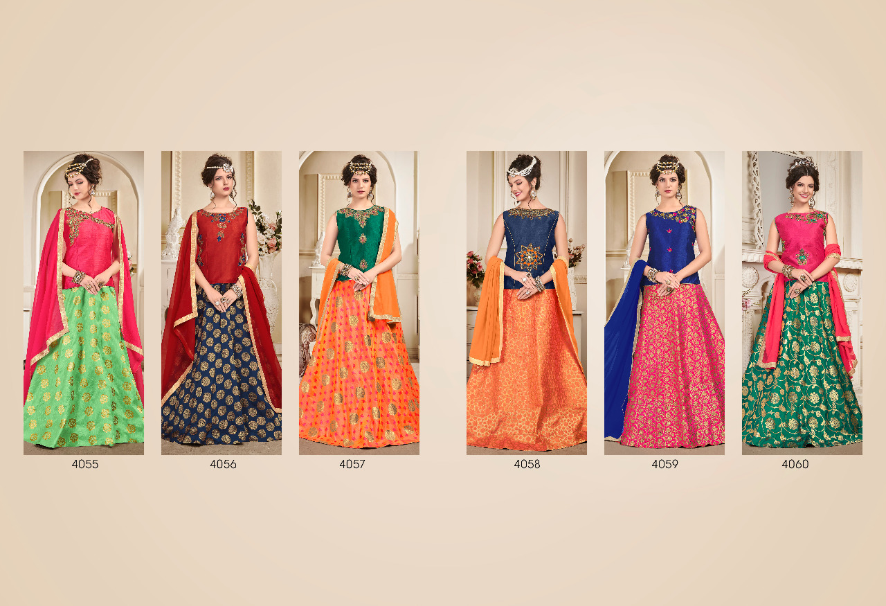 Stunning By Meraki 4055 To 4060 Series Readymade Indian Traditional Wear Collection Beautiful Stylish Fancy Colorful Party Wear & Occasional Wear Heavy Silk Jacquard Lehengas At Wholesale Price