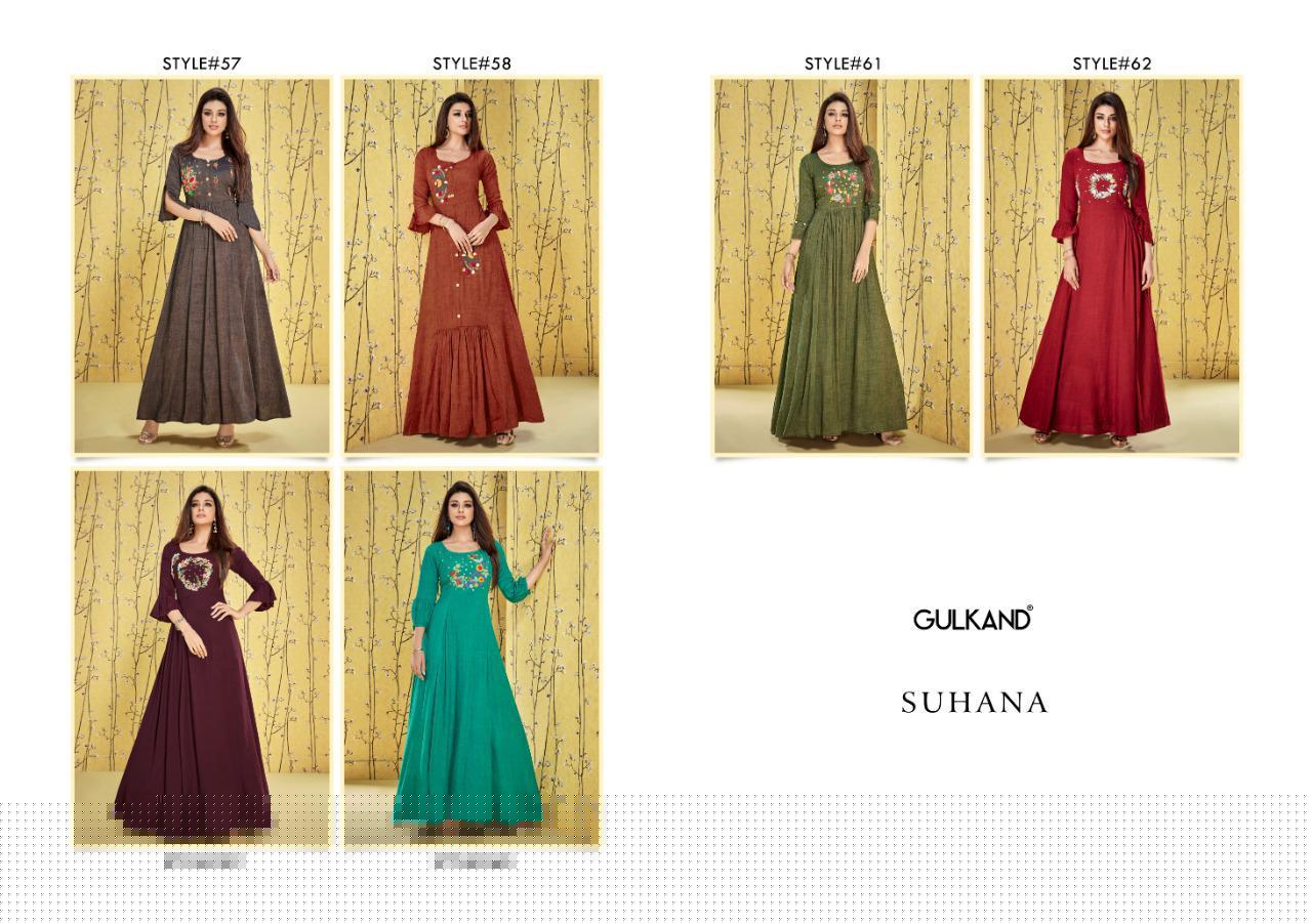 Suhana By Gulkand 57 To 62 Series Beautiful Colorful Stylish Fancy Casual Wear & Ethnic Wear & Ready To Wear Heavy Two Tone Rayon Gown At Wholesale Price